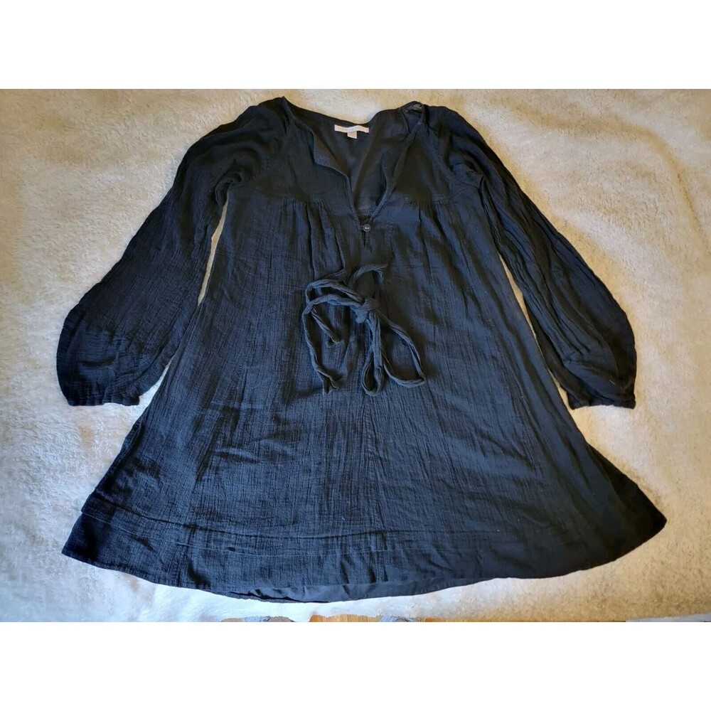 Rebecca Taylor Women's sz 4‎ Cotton Blouse Tunic Black Gauze Textured With Tie